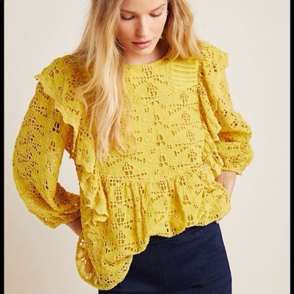 Anthropologie Clementine Yellow Lace Eylet‎ Blouse Long Sleeve Size 8